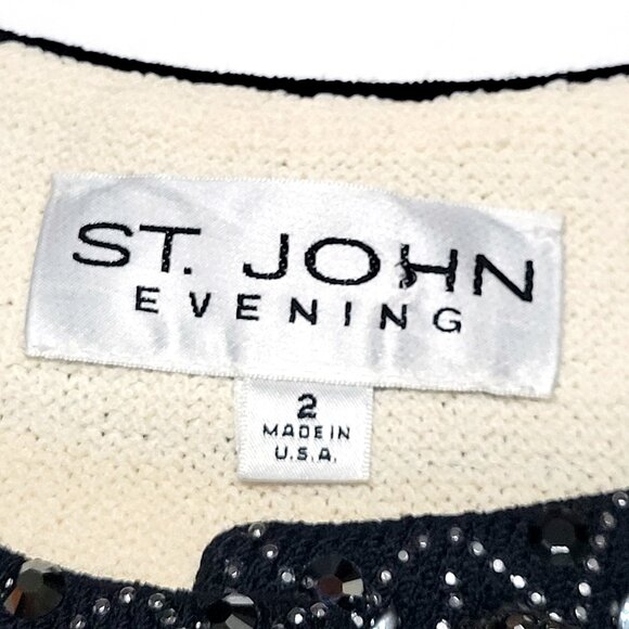 ST JOHN Evening Womens Beaded Santana Knit Jacket Size 2 Buttons Cream & Black - Picture 9 of 14